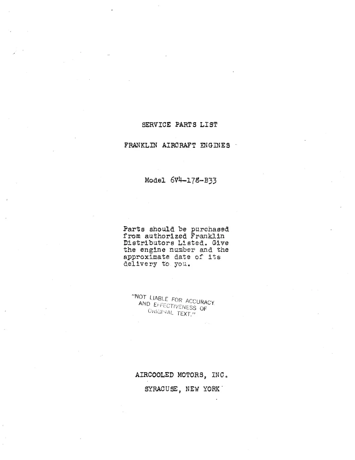 Franklin Aircraft Engines 6V4-178-B33 Service Parts List Not Illustrated 1