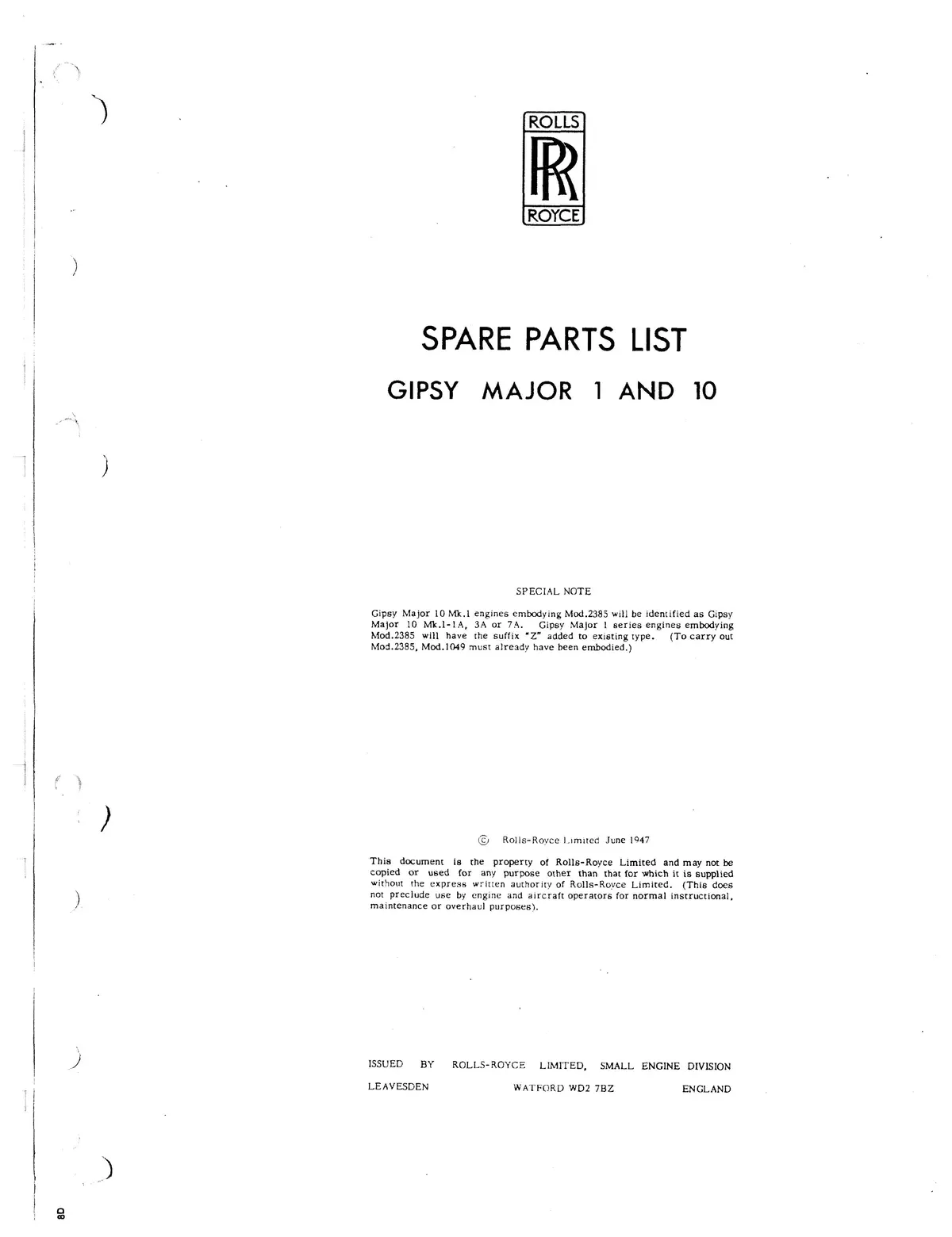 Rolls Royce Gipsy Major 1 And 10 Spare Parts Catalog 1