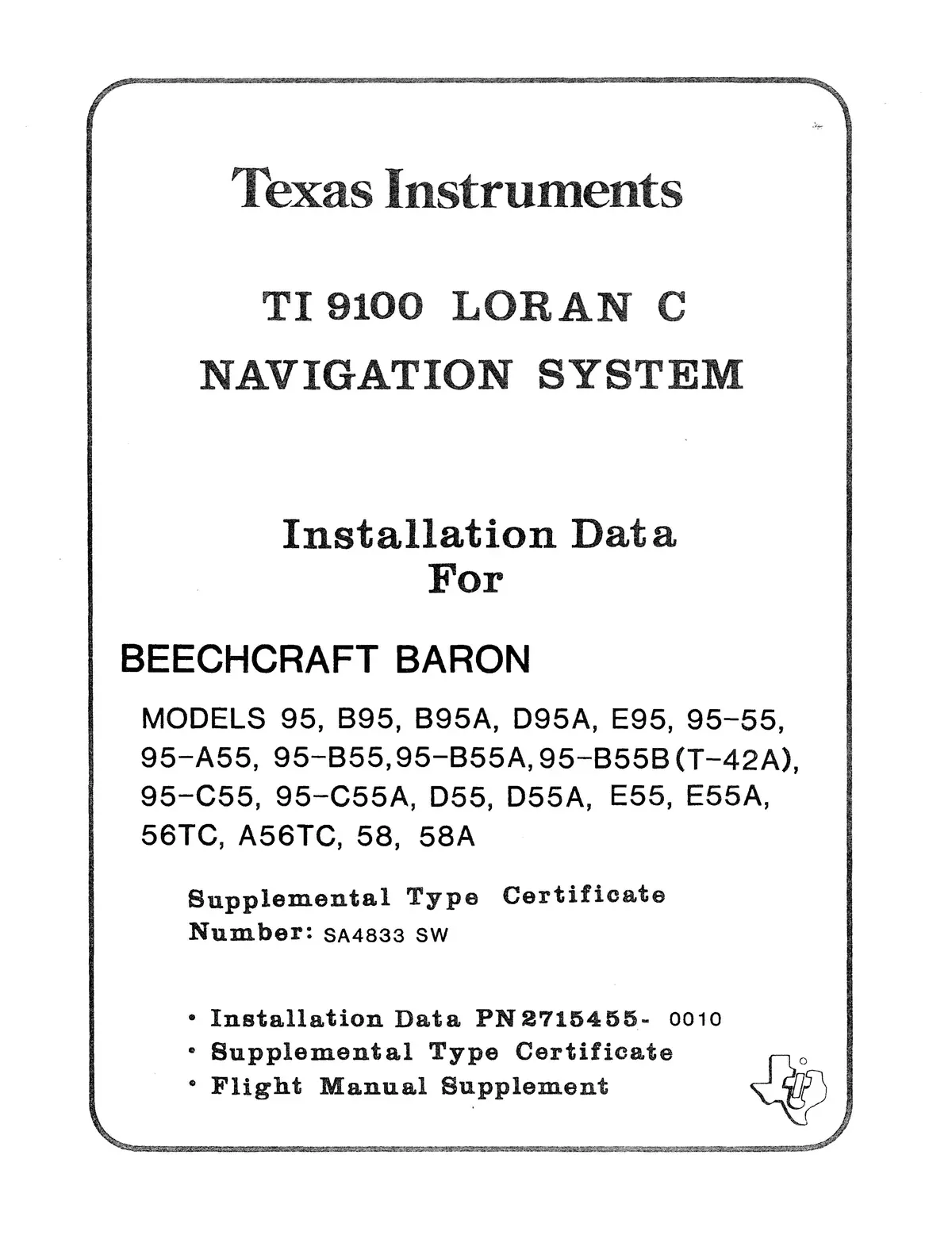 Texas Instruments Ti 9100 Loran C Navigation System Installation Data For Beechcraft Baron 55/56/58 Series 1