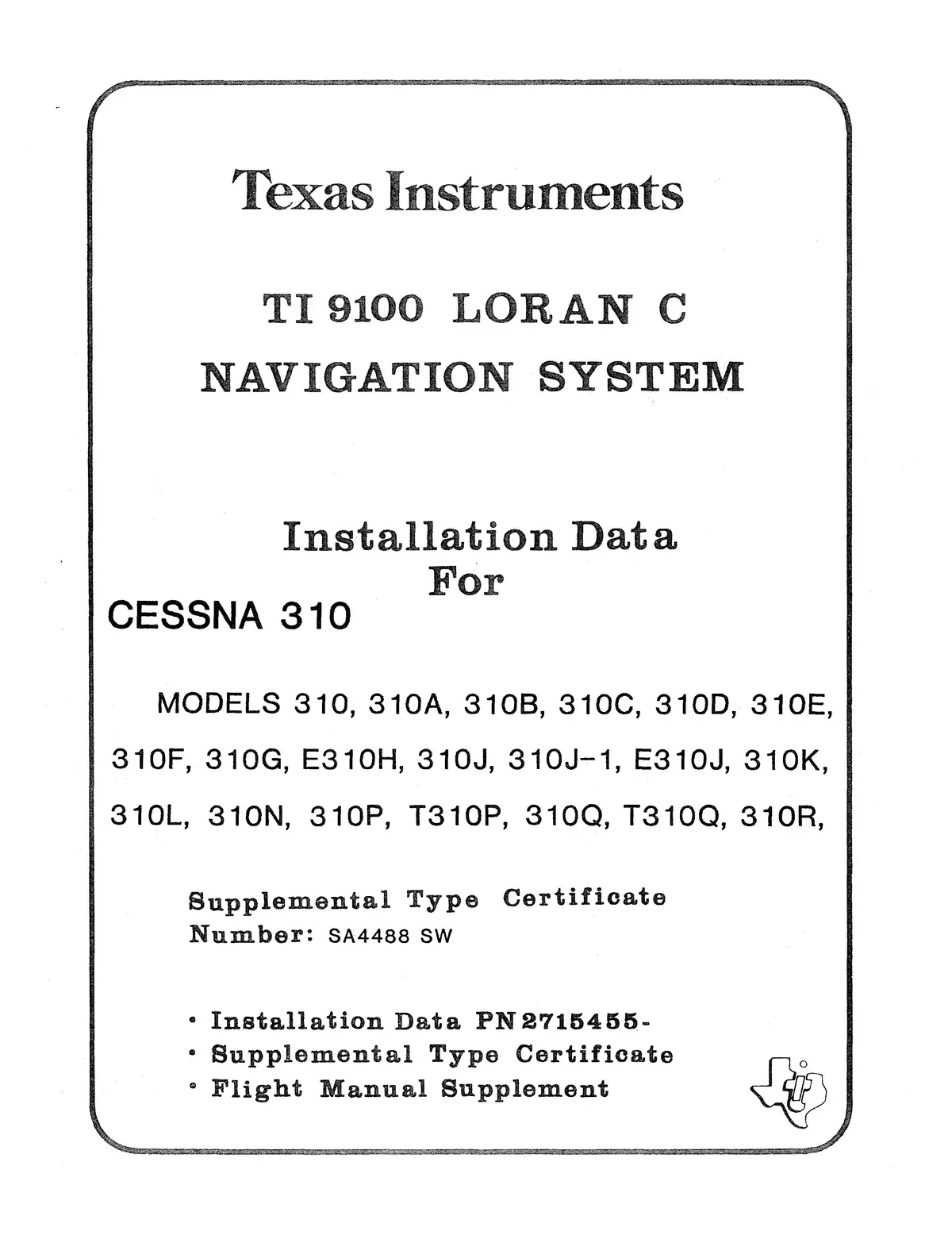 Texas Instruments Ti 9100 Loran C Navigation System Installation Data For Cessna 310 Series 1