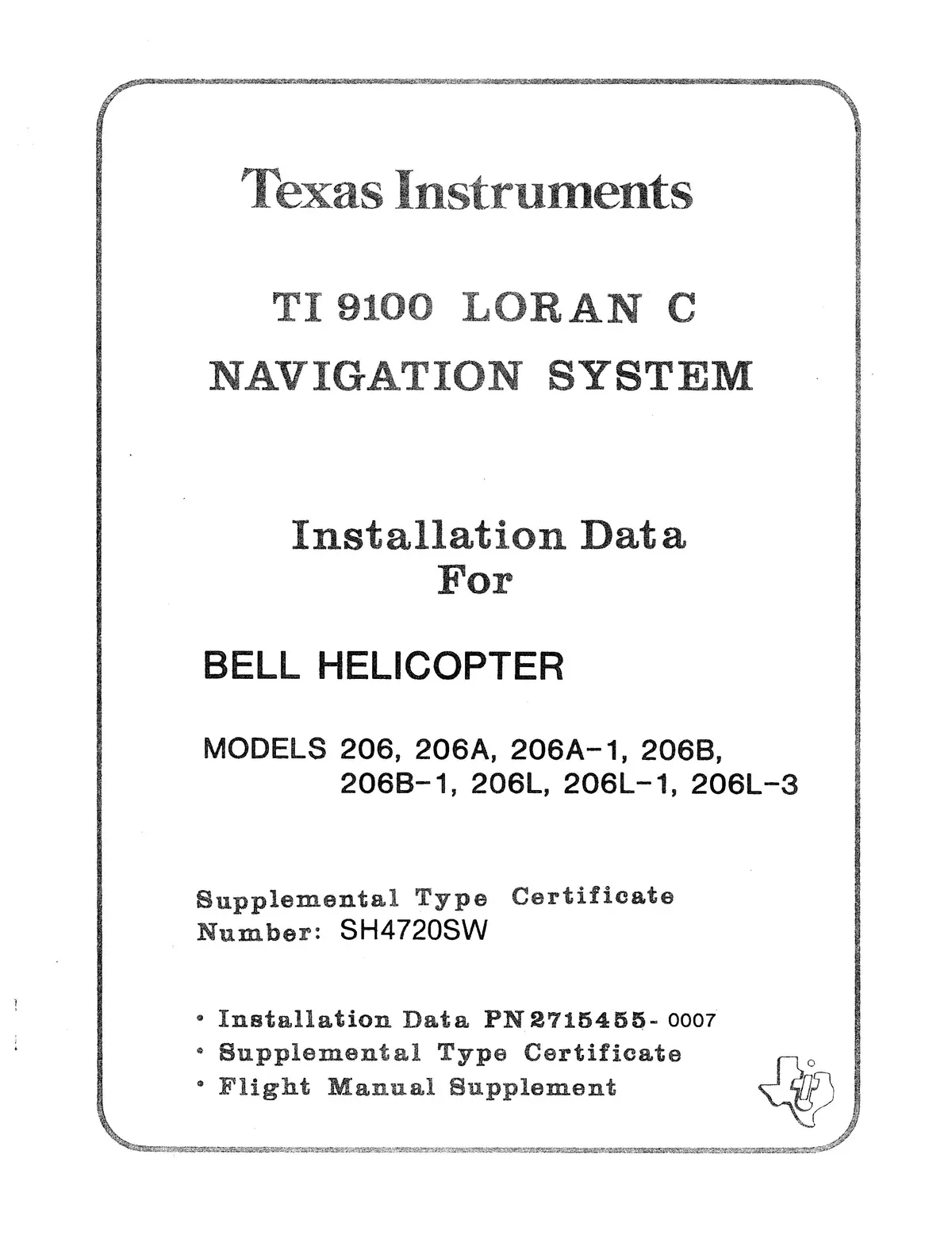 Texas Instruments Ti 9100 Loran C Navigation System Installation Data For Bell Helicopter 206 Series 1