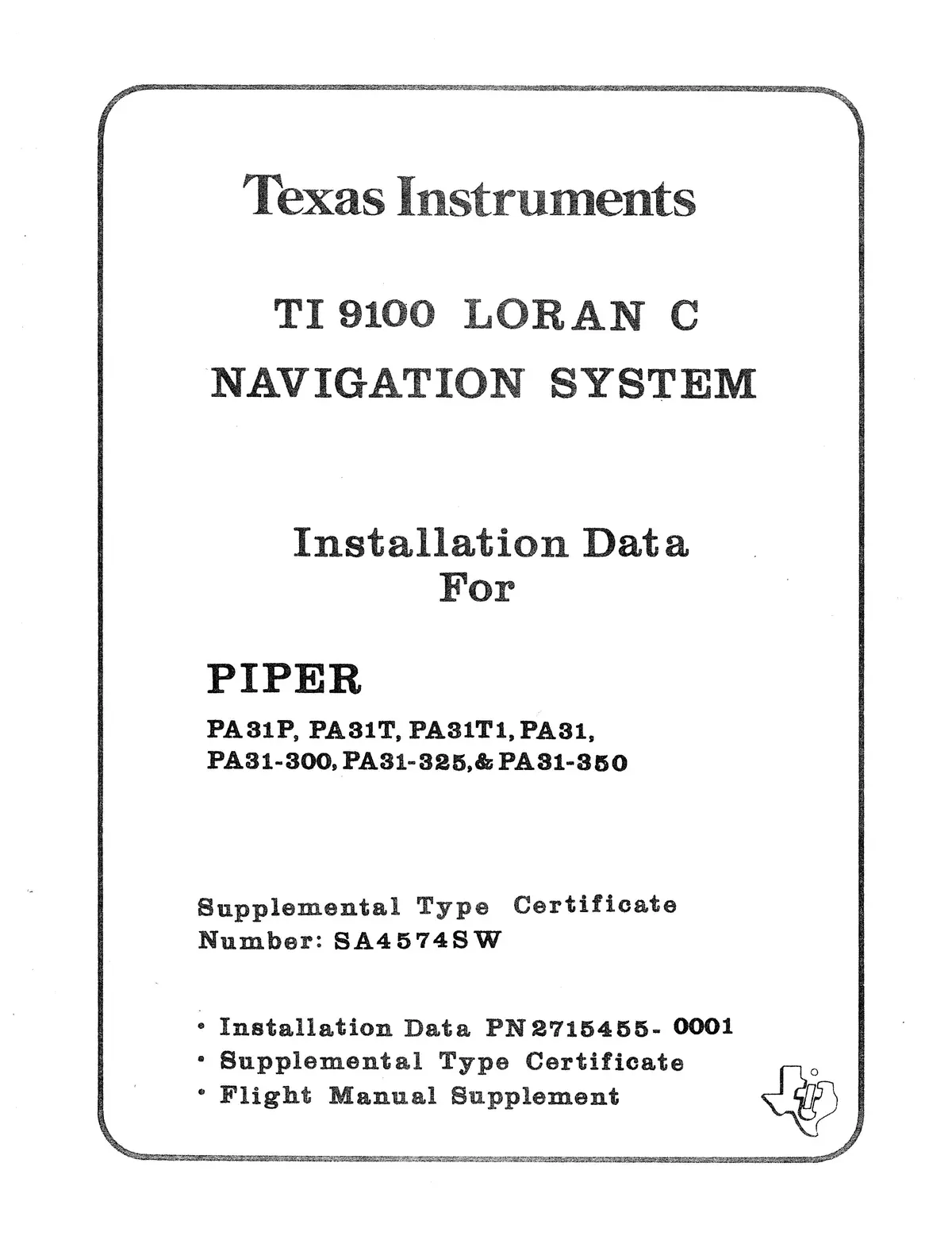 Texas Instruments Ti 9100 Loran C Navigation System Installation Data For Piper Pa31 Series 1