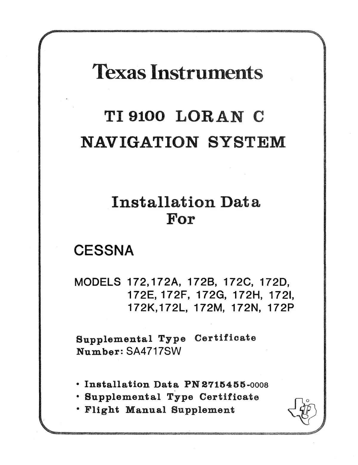 Texas Instruments Ti 9100 Loran C Navigation System Installation Data For Cessna 172 Series 1