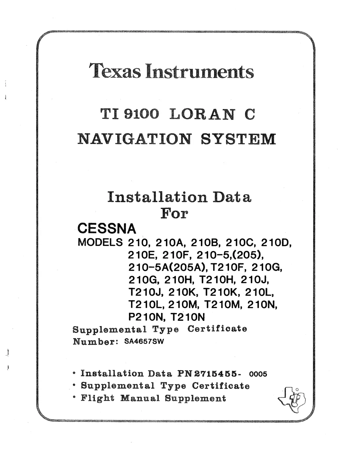Texas Instruments Ti 9100 Loran C Navigation System Installation Data For Cessna 210 Series 1