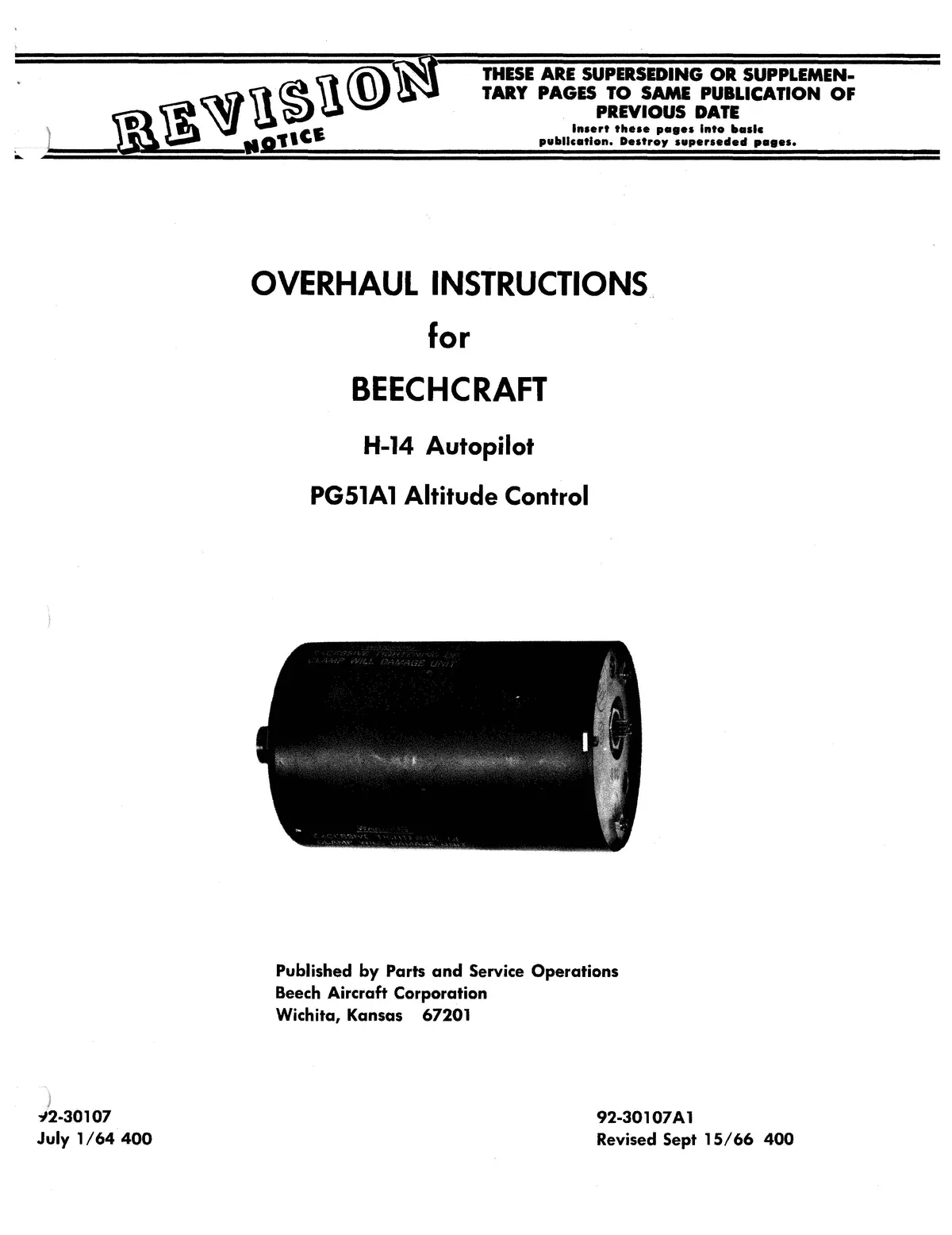 Beechcraft H-14 Autopilot Pg51a1 Altitude Control Overhaul Instructions 92-30107A1 1