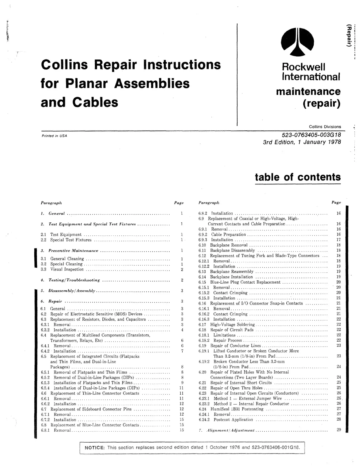 Collins Repair (Maintenance) Instructions For Planar Assemblies And Cables 523-0763405-003G18 1
