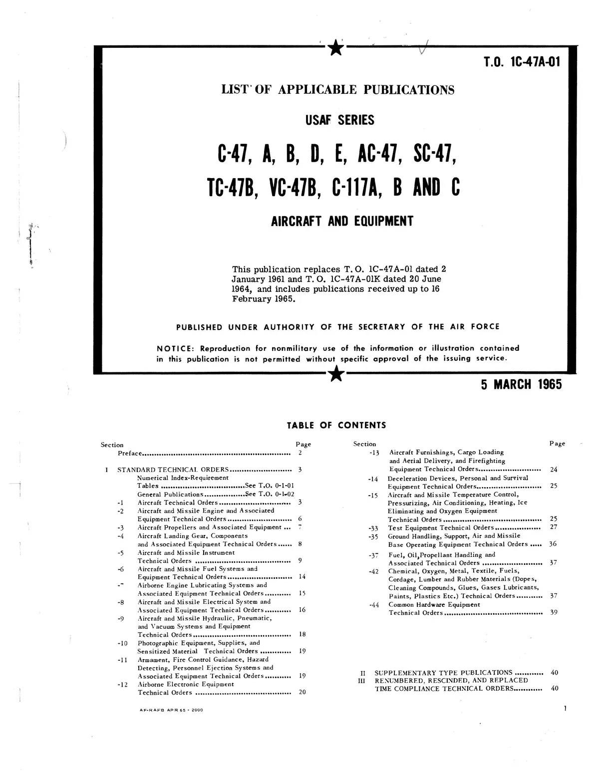 Mcdonnell Douglas C-47 Series List Of Applicable Publications 1C-47A-01 1