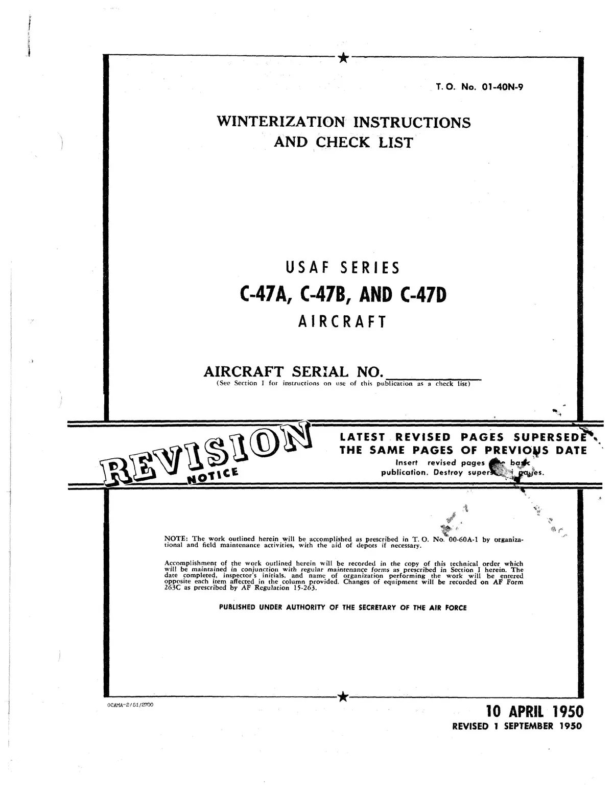 Mcdonnell Douglas C-47A, B, D Winterization Instruction And Check List 01-40N-9 1