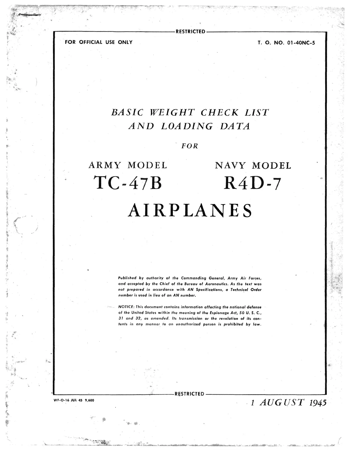 Mcdonnell Douglas Tc-47B, R4d-7 Basic Weight Check List And Loading Data 01-40Nc-5 1