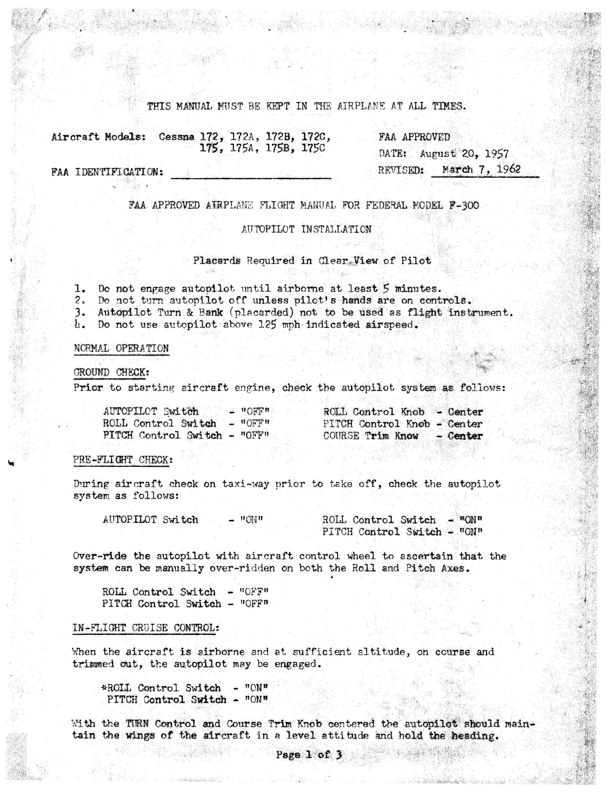 Federal Autopilot Model F-300 Autopilot Installation Flight Manual For Cessna 172, 175 1