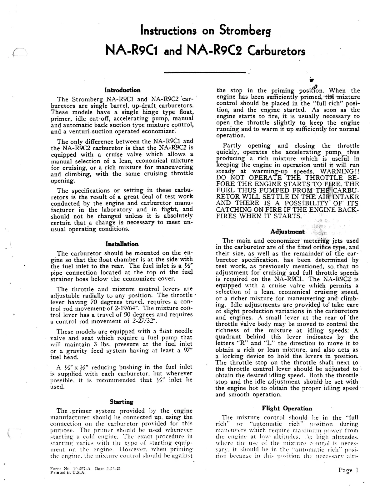 Bendix Stromberg Na-R9c1, C2 Carburetors Instruction Manual 1942 Form 10-297A 1