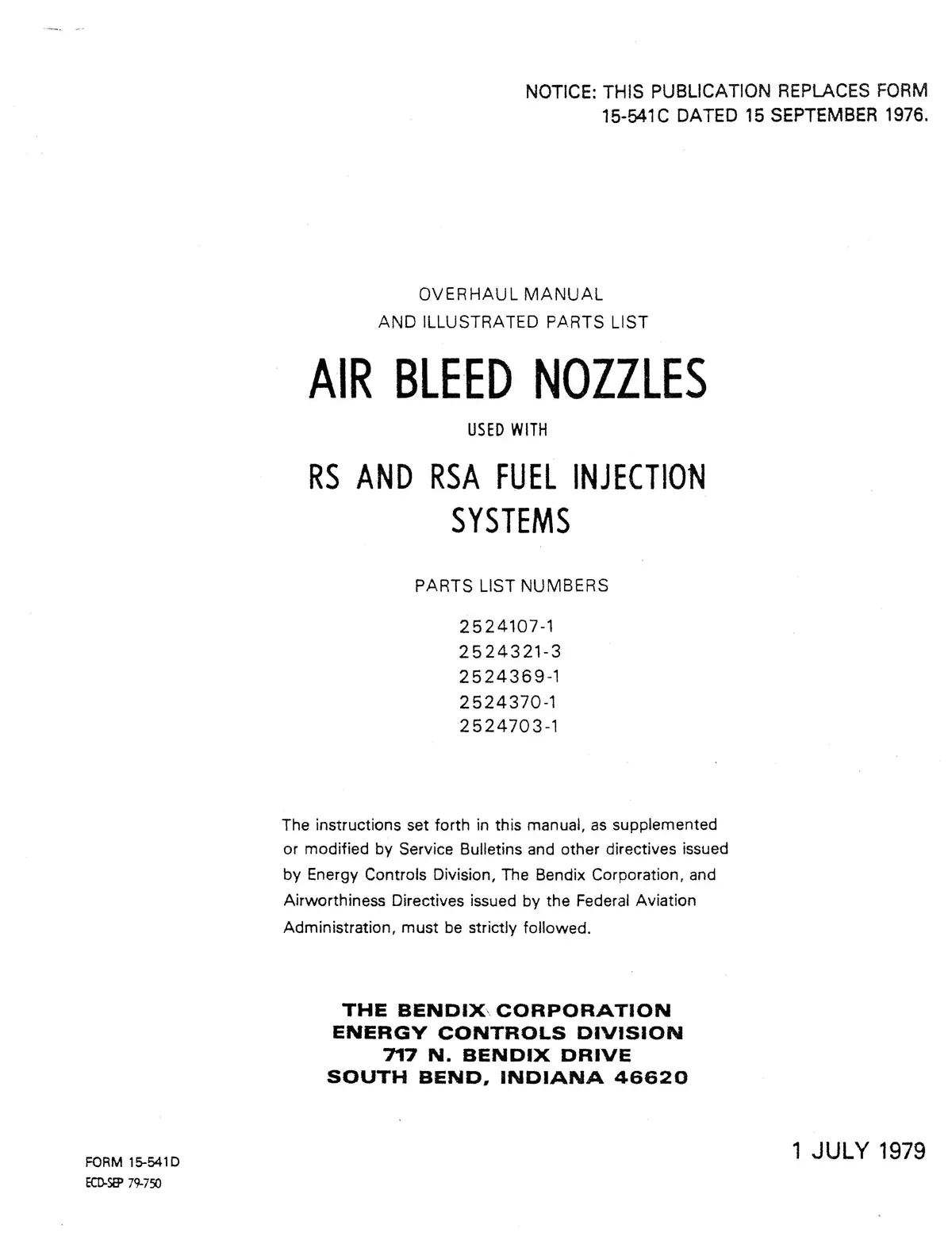 Bendix Air Bleed Nozzles Used With Rs & Rsa Fuel Injection Systems Overhaul With Parts Form 15-541D 1