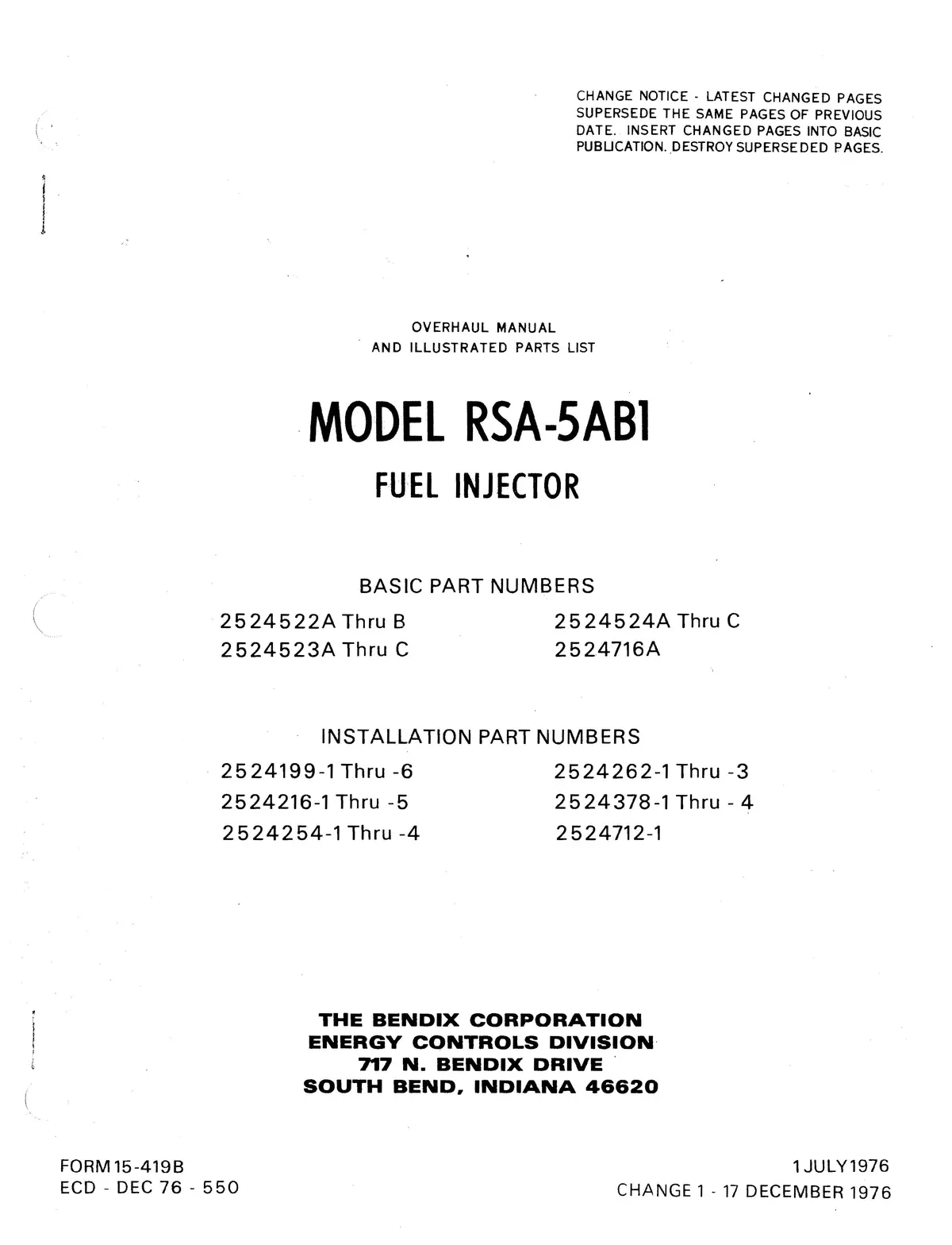 Bendix Model Rsa-5Ab1 Fuel Injector Overhaul Manual With Illustrated Parts Form 15-419B 1