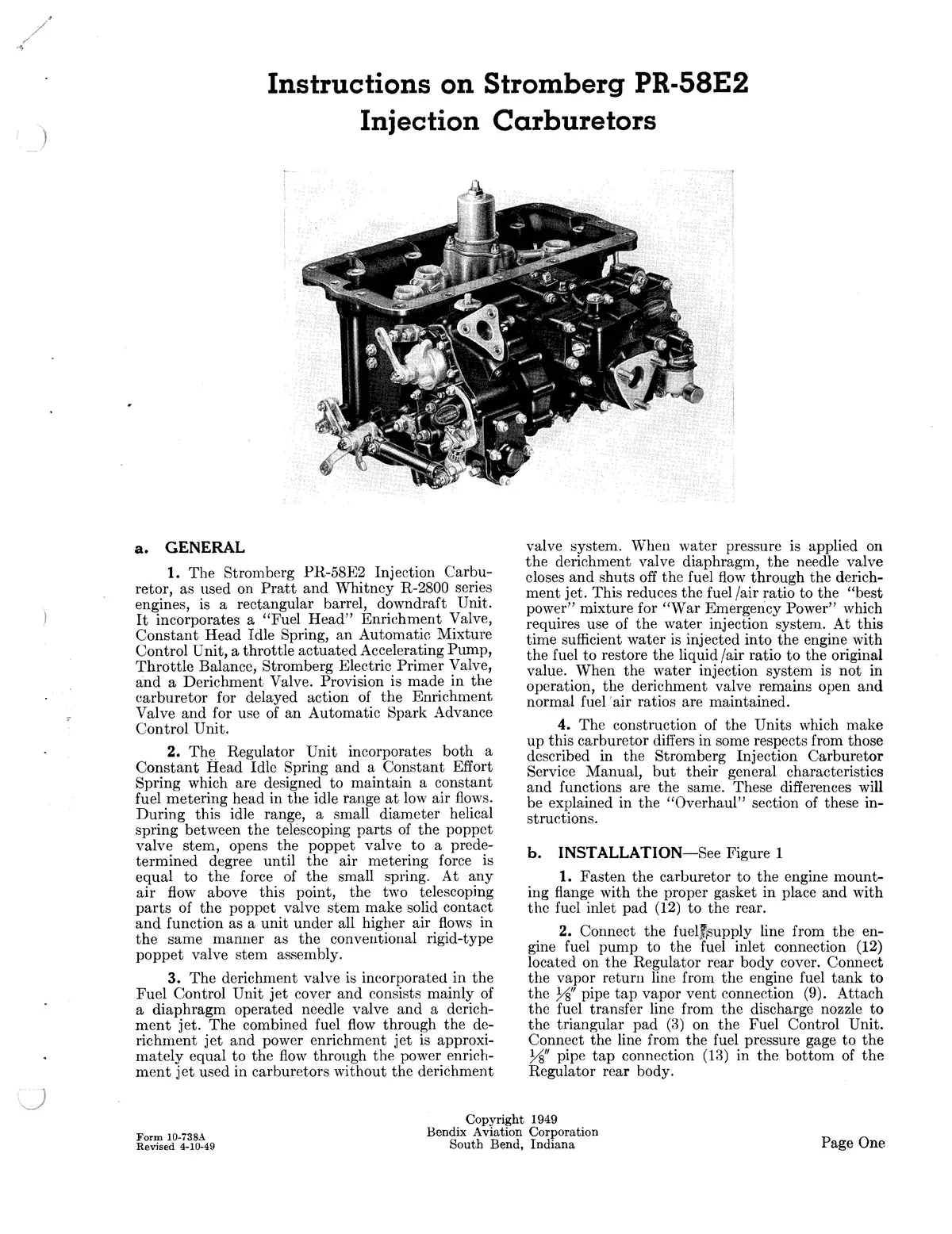 Bendix Stromberg Pr-58E2 Injection Carburetors Instruction Manual Form 10-738A 1
