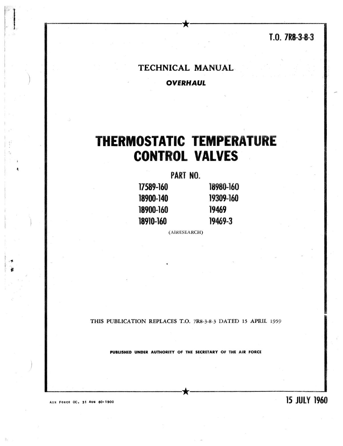 Garrett Airesearch Thermostatic Temperature Control Valves Overhaul Manual T.O. 7R8-3-8-3 1