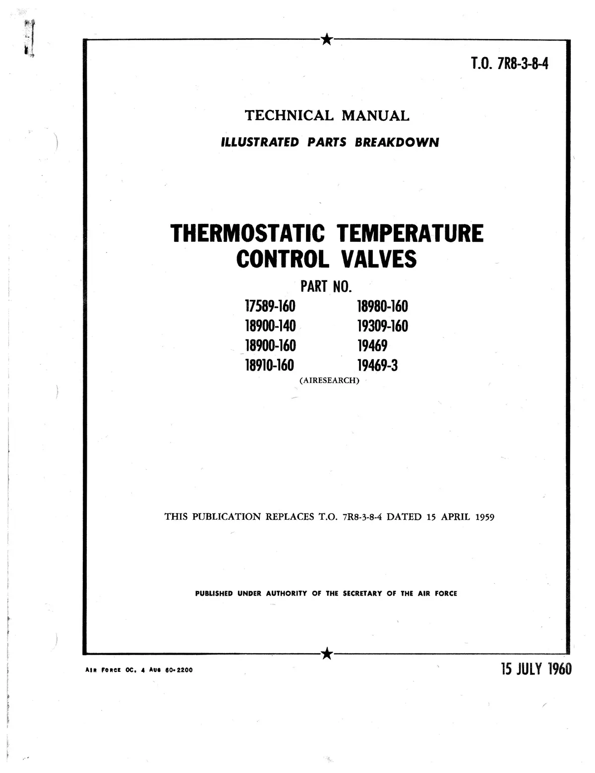 Garrett Airesearch Thermostatic Temperature Control Valves Illustrated Parts T.O. 7R8-3-8-4 1