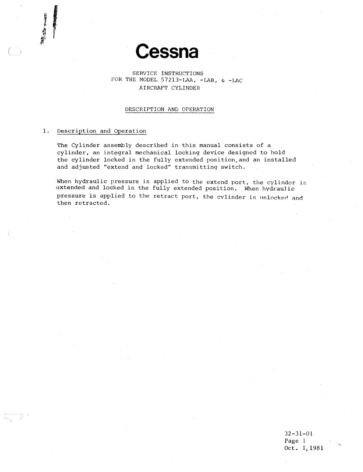 Cessna Aircraft Cylinder Model 57213-Laa, -Lab, &-Lac Service Instructions 1