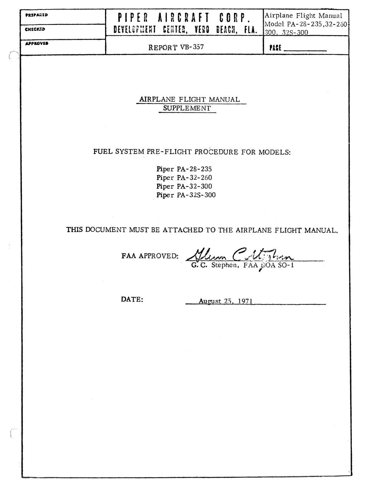 Piper Pa28-235, Pa32-260, -300, Pa32s-300 Flight Manual Supplement Report Vb-357 1