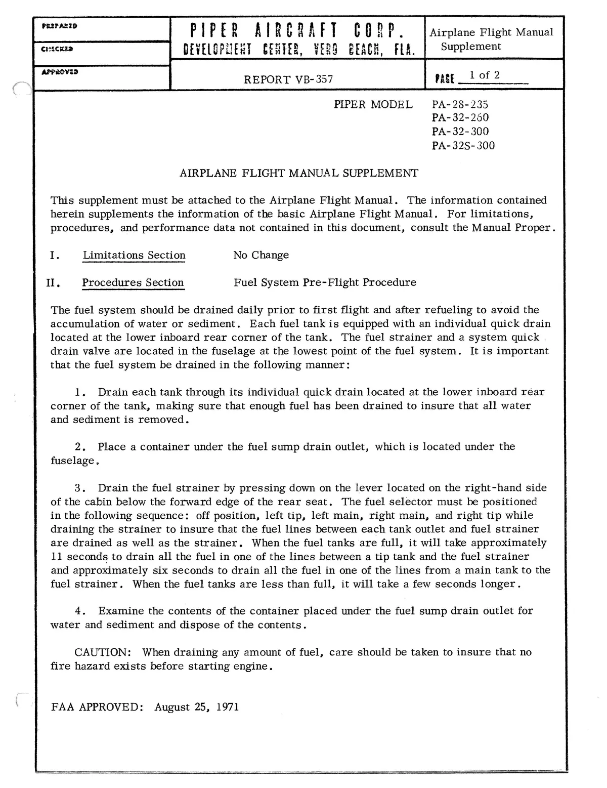 Piper Pa28-235, Pa32-260, -300, Pa32s-300 Flight Manual Supplement Report Vb-357 2