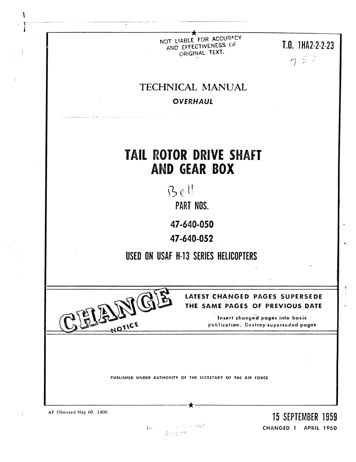 Bell Tail Rotor Drive Shaft And Gear Box Used On H-13 Overhaul Manual T.O. 1Ha2-2-2-23 1