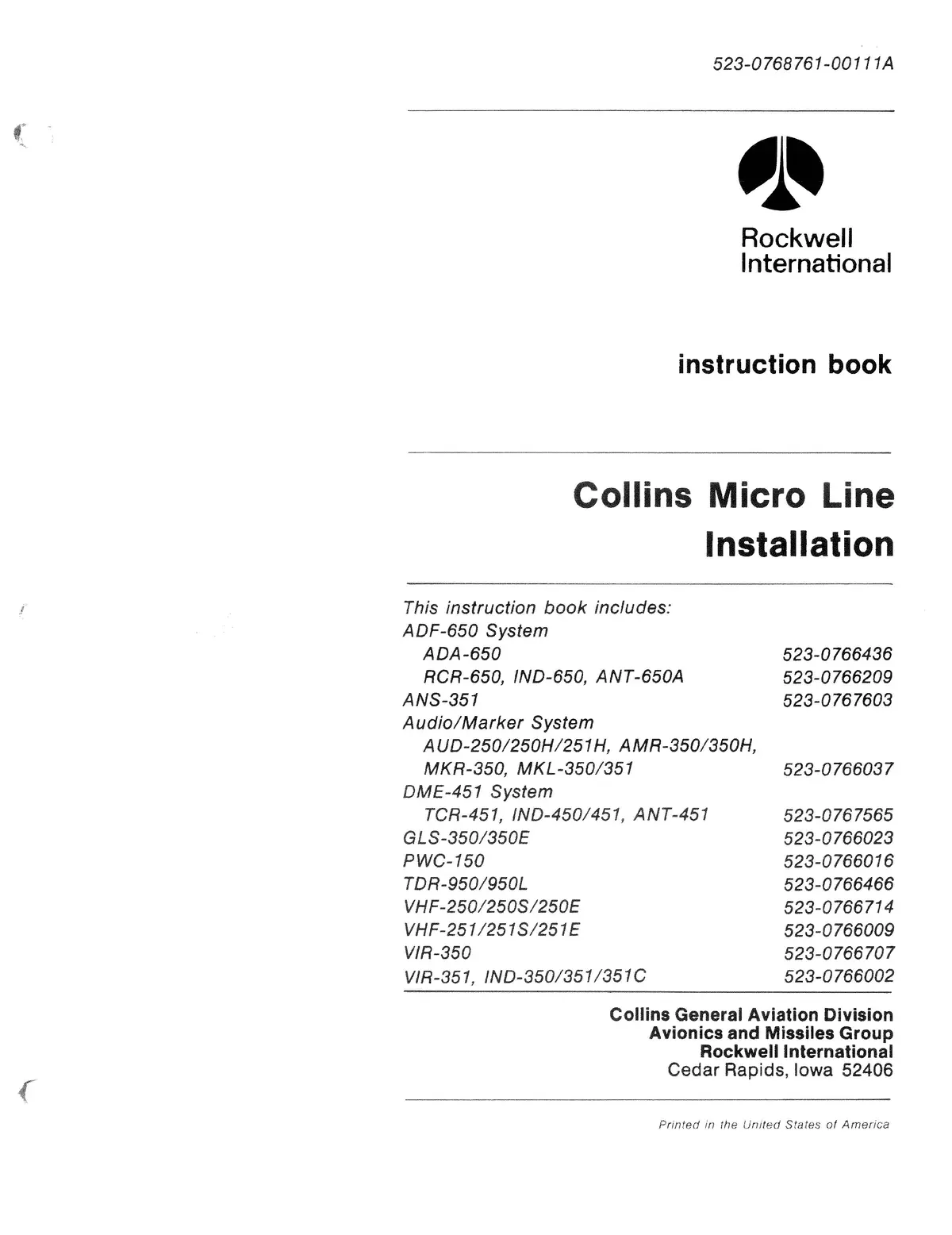 Collins Micro Line Installation Instruction Manual 523-0768761-00111A 1