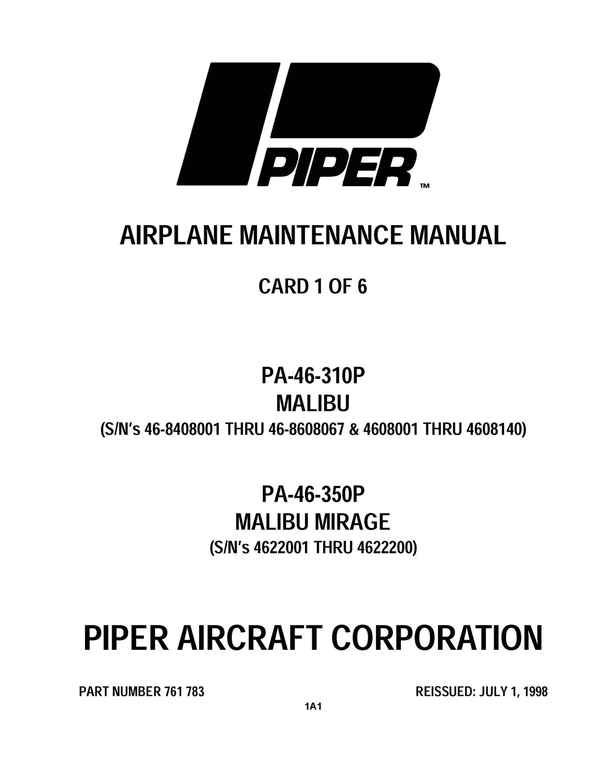 Piper Pa46-310P Malibu, Pa46-350P Mirage 1984-1995 Maintenance Manual (761-783) 1