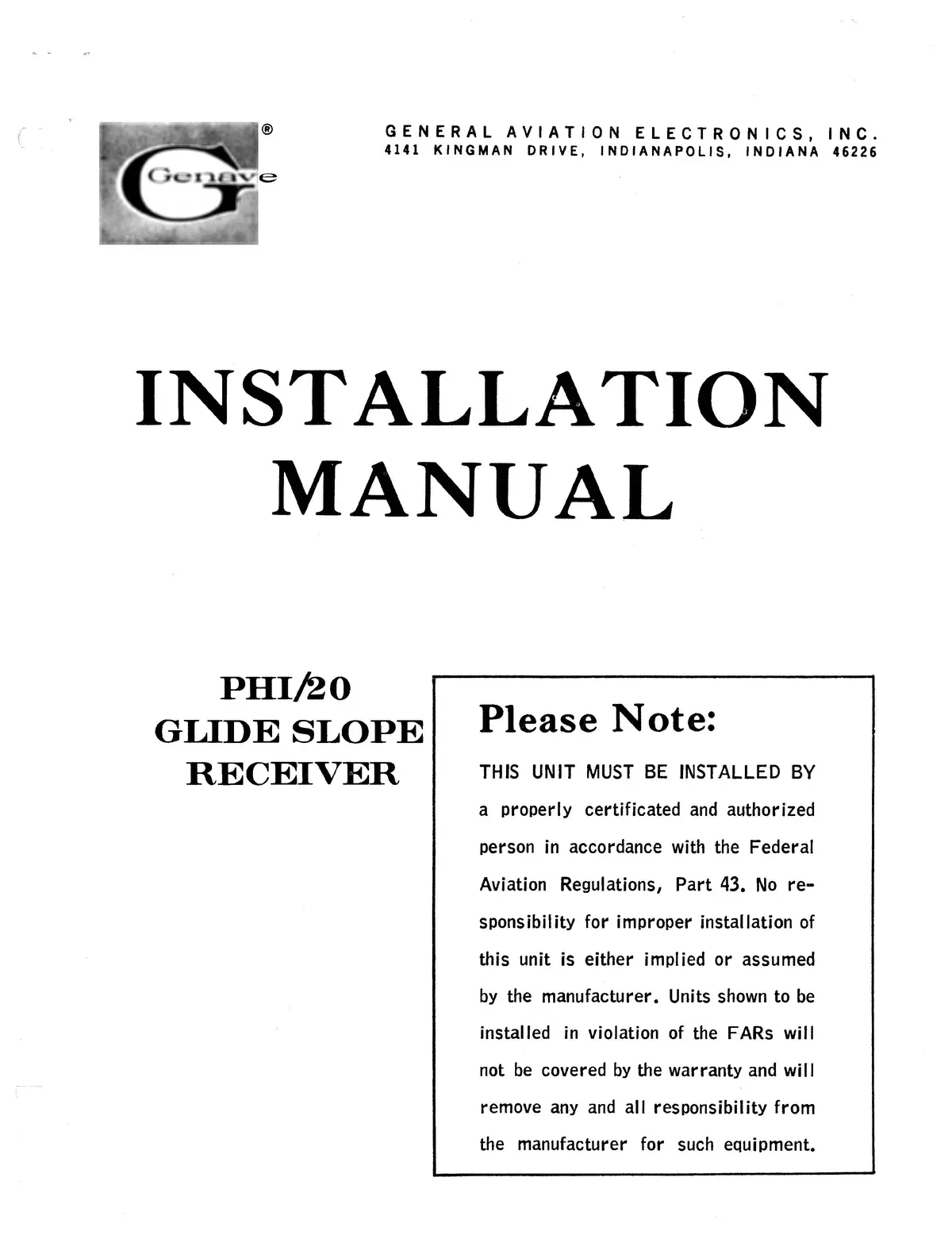 Genave Phi-20 Glide Slope Receiver Installation Manual 1