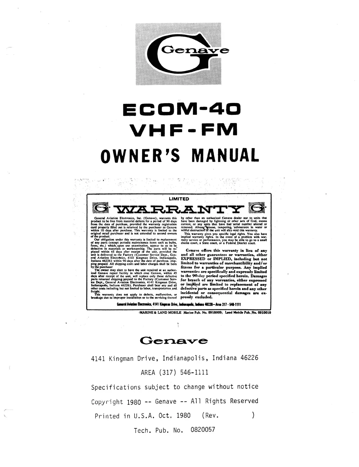 Genave Ecom-40 Vhf-Fm Owner's Manual 1980 1