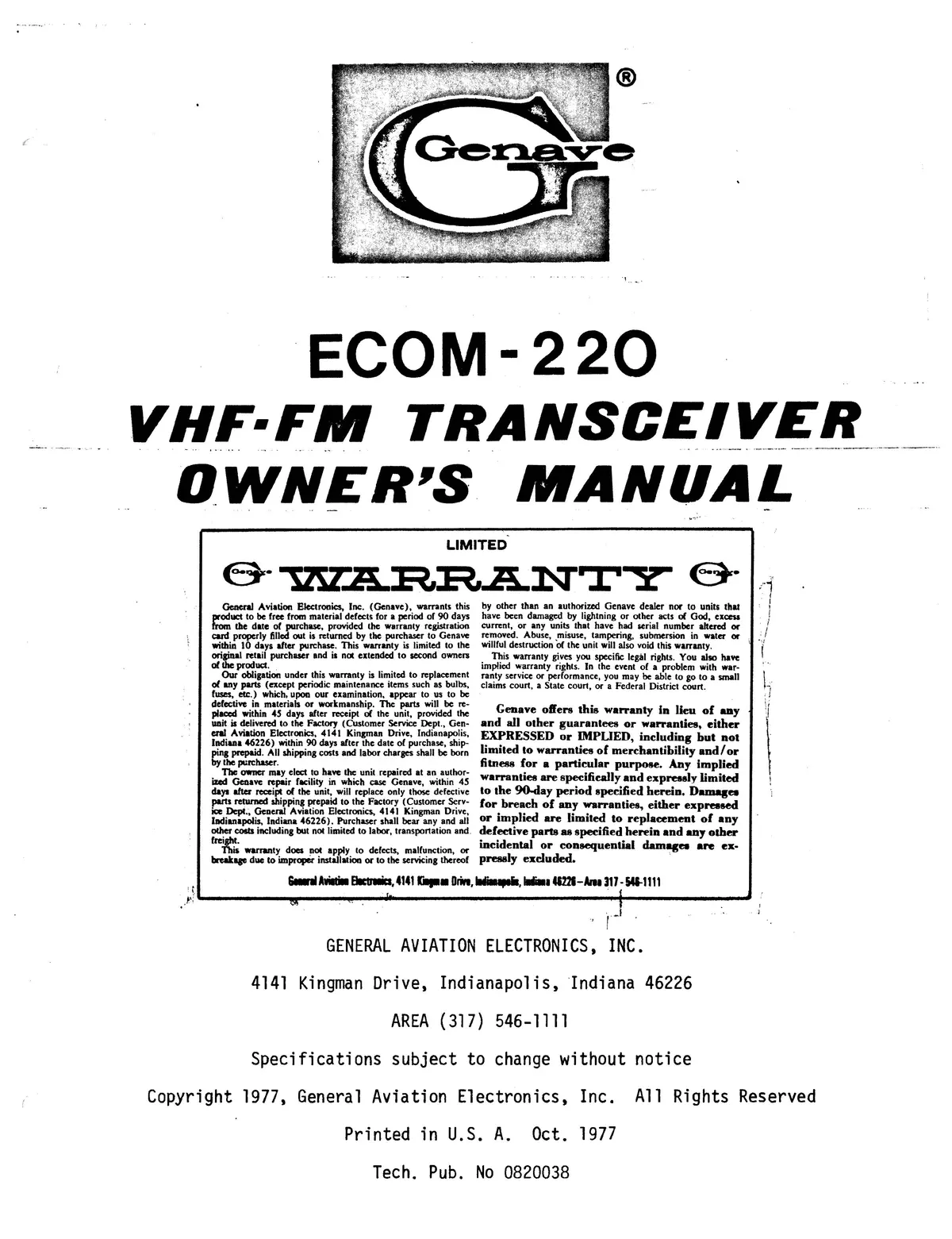 Genave Ecom-220 Vhf-Fm Transceiver Owner's Manual 1977 1
