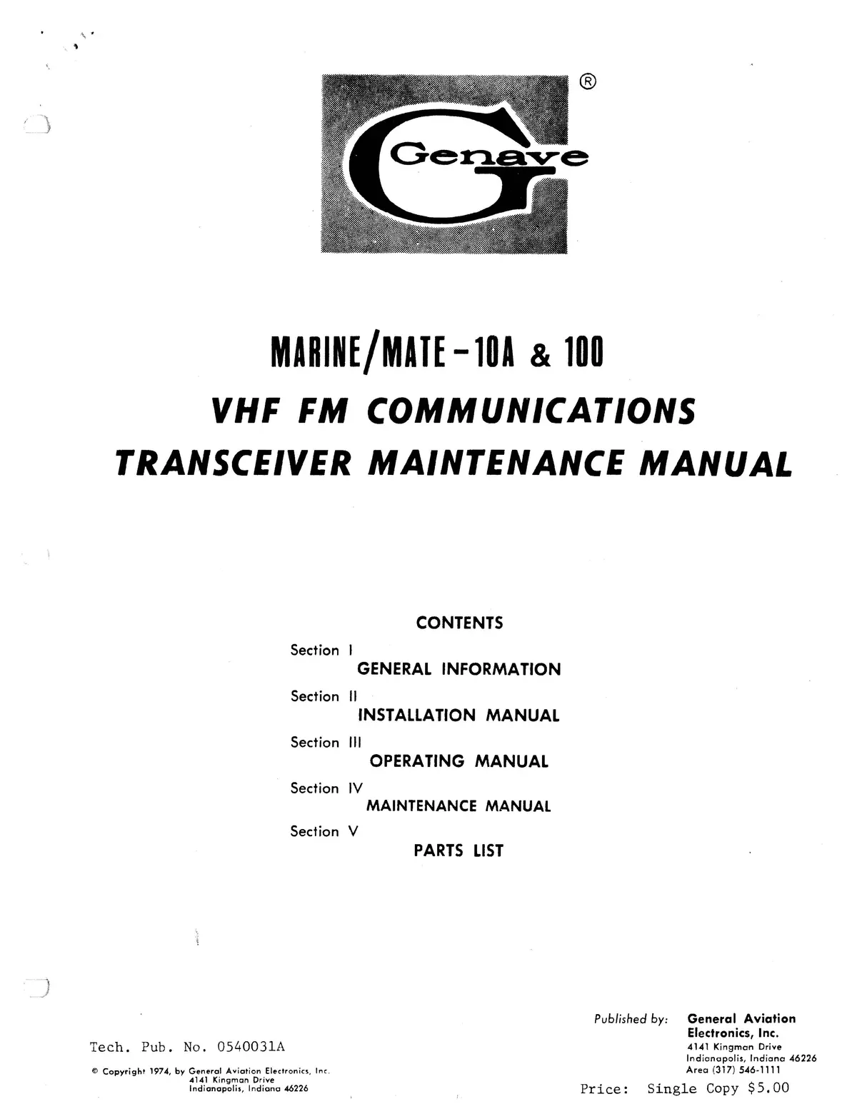 Geneve Marine/Mate-10A & 100 Vhf Fm Communications Transceiver Maintenance Manual 1