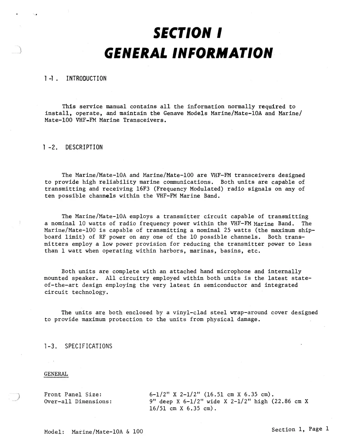 Geneve Marine/Mate-10A & 100 Vhf Fm Communications Transceiver Maintenance Manual 2
