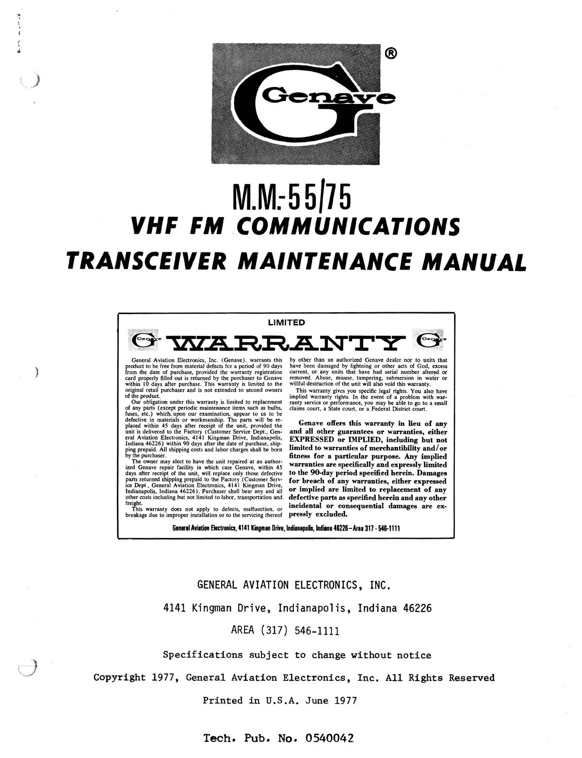 Genave M.M.-55/75 Vhf Fm Communications Transceiver Maintenance Manual 1