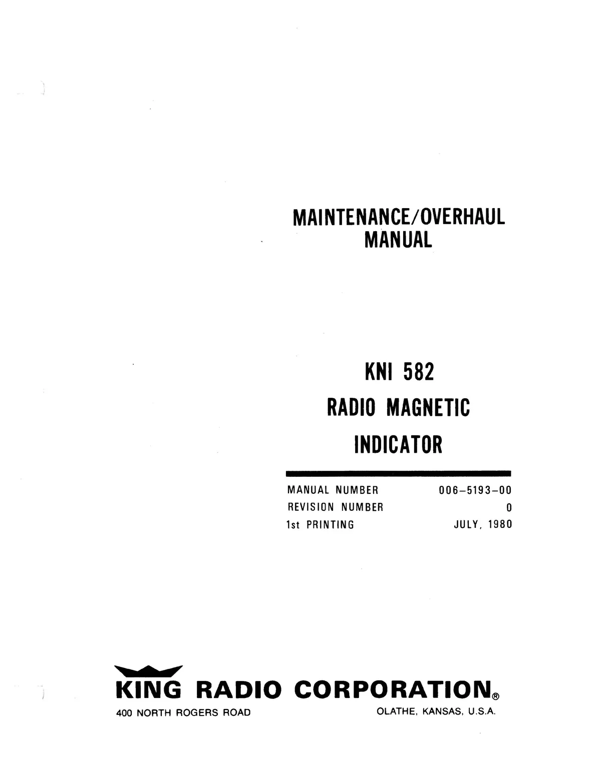 King Kni-582 Radio Magnetic Indicator Maintenance, Overhaul, Installation Manual 1