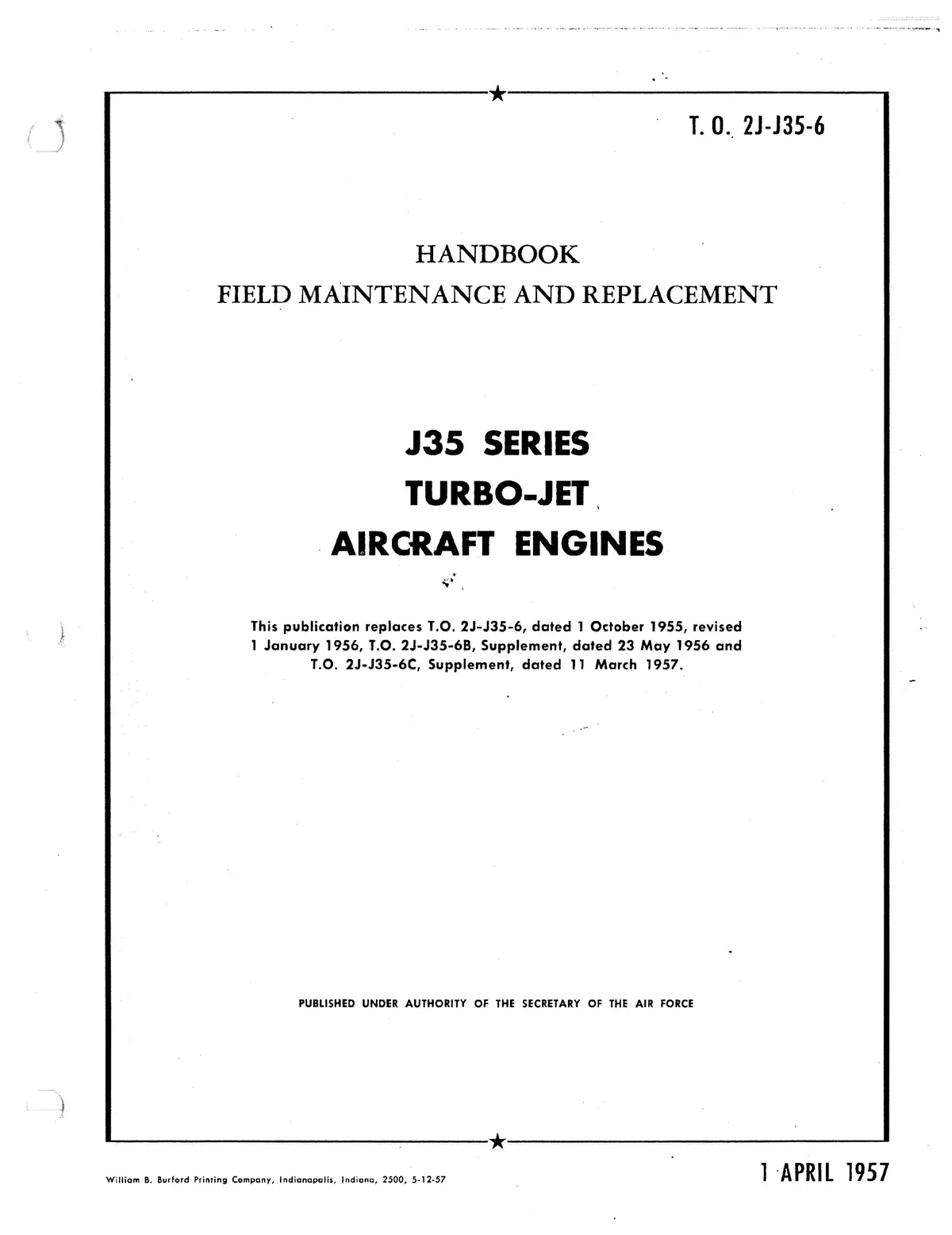 Allison J35 Series Turbo-Jet Aircraft Engines Field Maintenance And Replacement 2J-J35-6 1