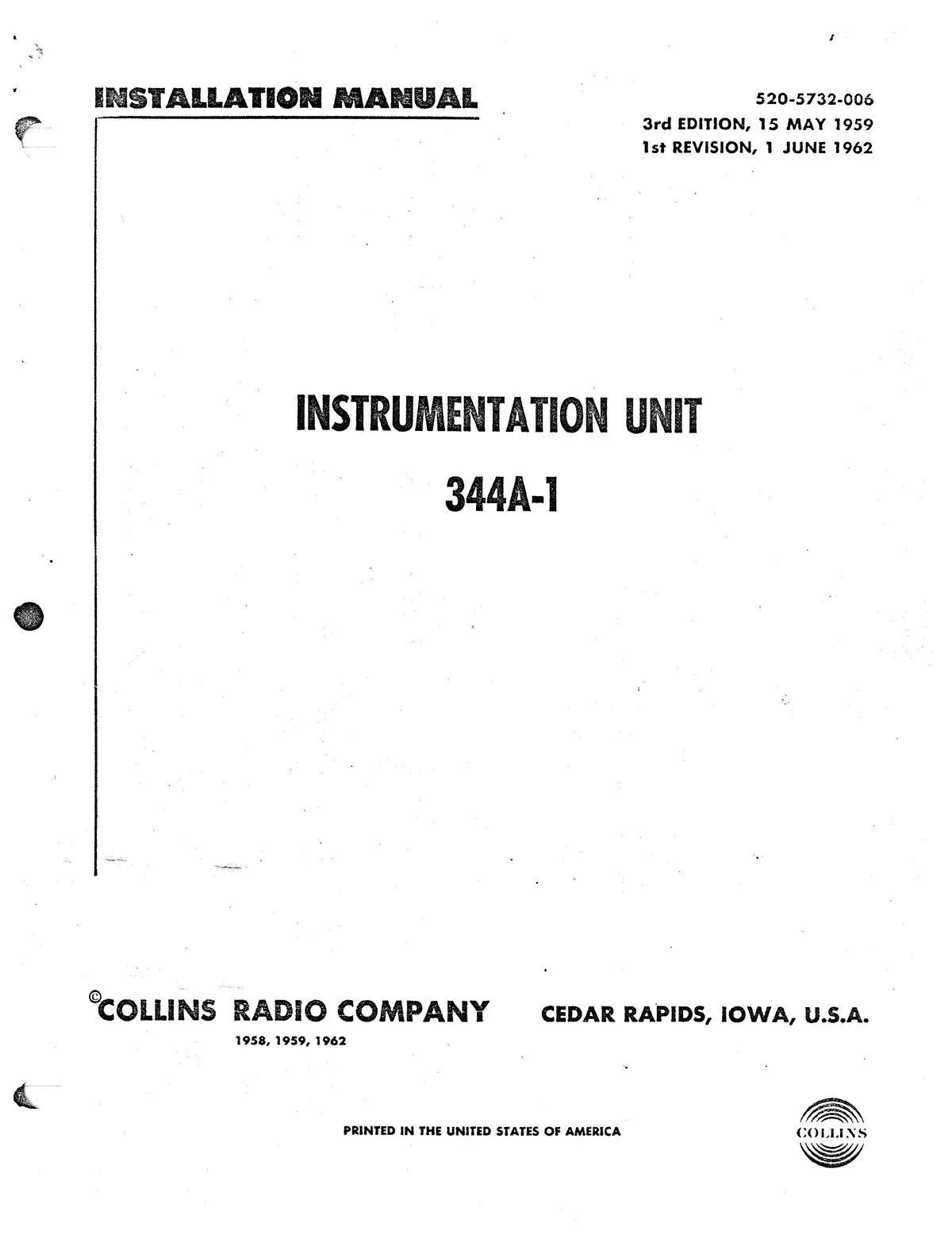 Collins 344A-1 Instrumentation Unit Installation Manual (520-5732-006) 1