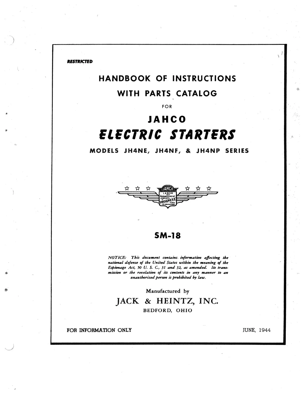 Jack & Heintz Jahco Electric Starters Jh4ne, Jh4nf, Jh4np Instructions With Parts Sm-18 1
