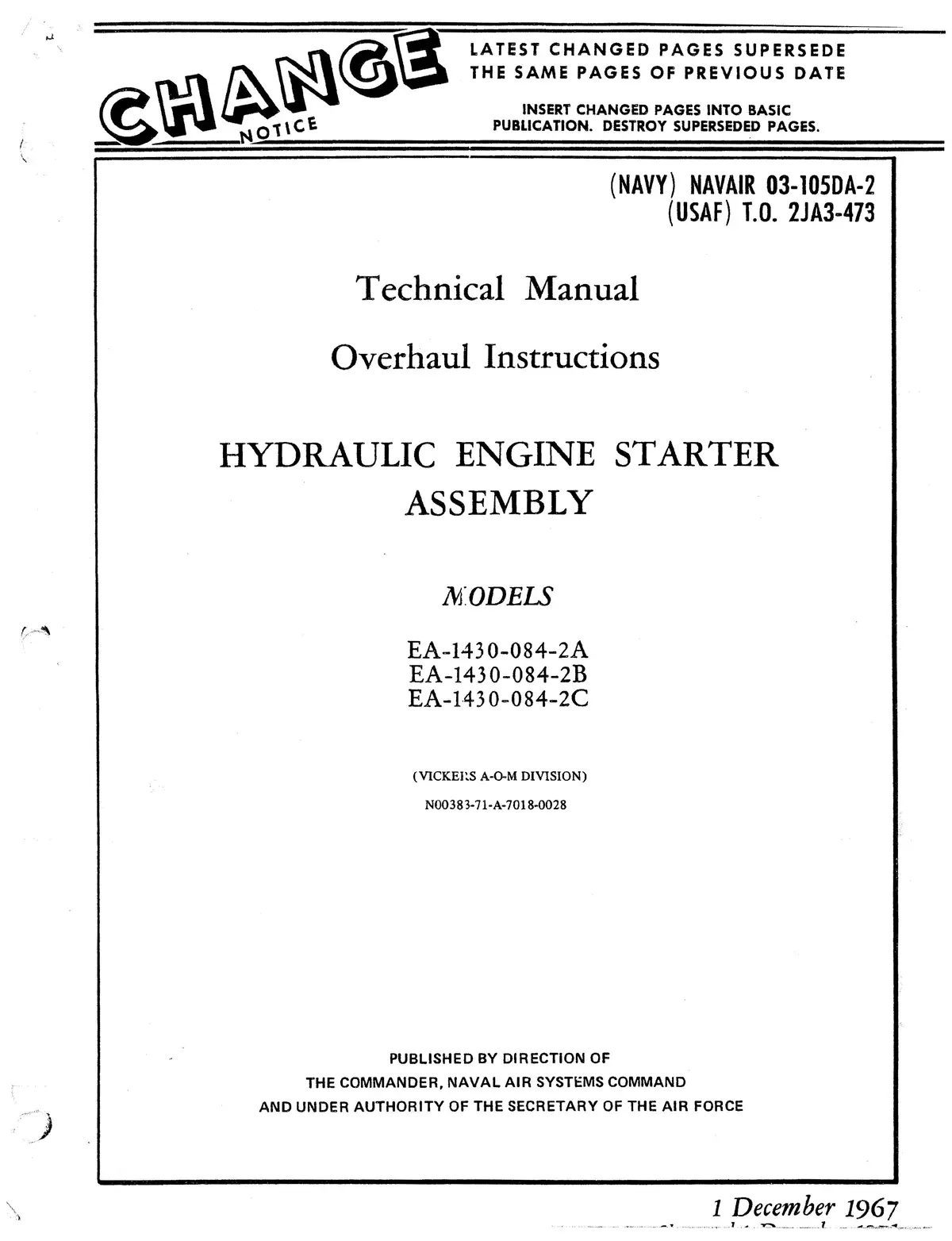 Vickers Hydraulic Engine Starter Assembly Ea-1430-084-2A, B, C Overhaul Instructions 03-105Da-2 1