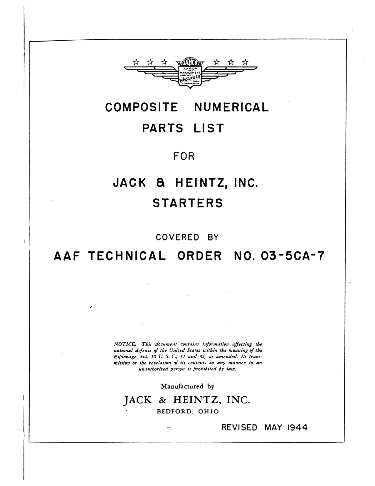 Jack & Heintz Starters Composite Numerical Parts List (Not Illustrated) 03-5Ca-7 1