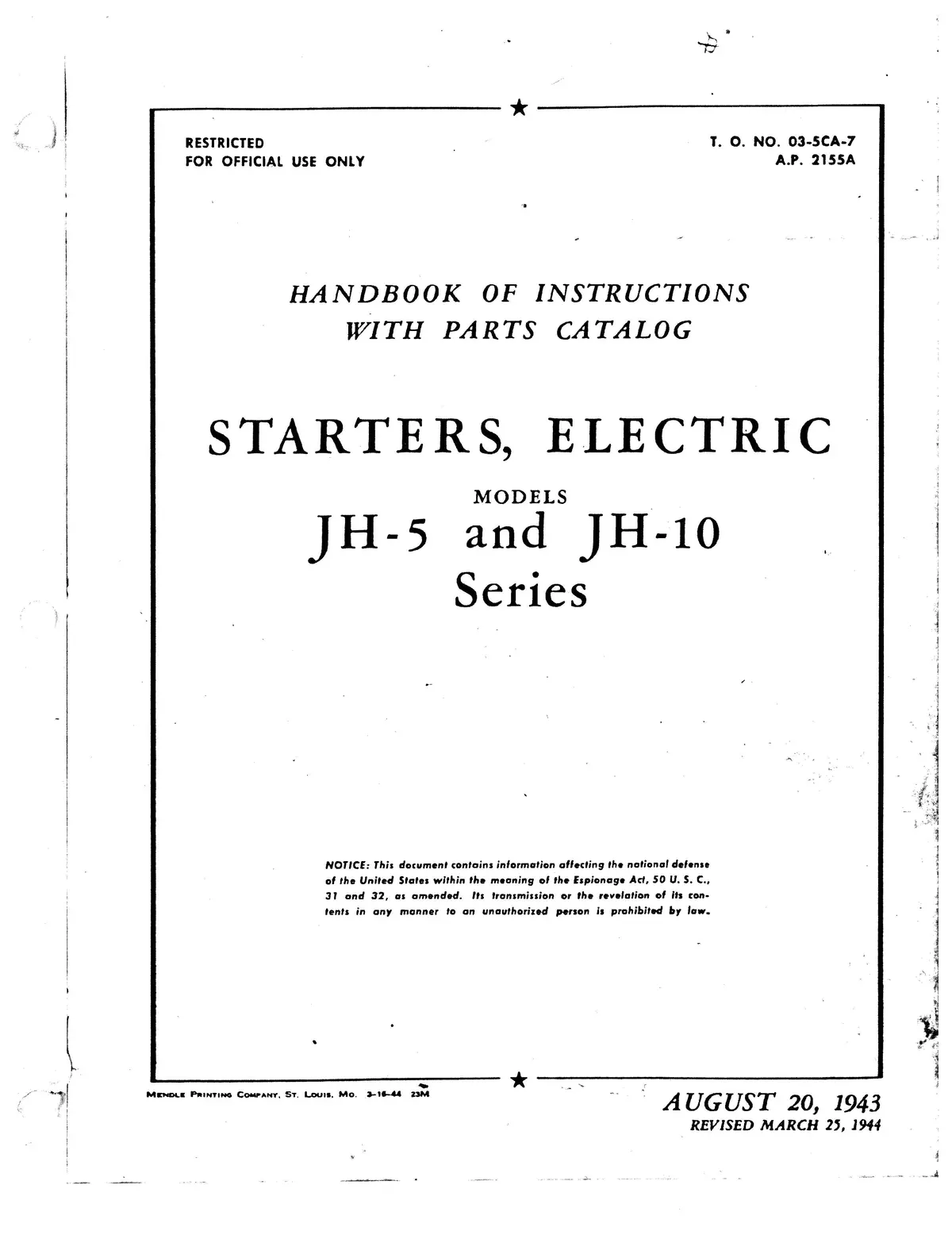 Jack & Heintz Jh-5 And Jh-10 Starters, Electric Instructions With Parts Catalog 03-5Ca-7 1