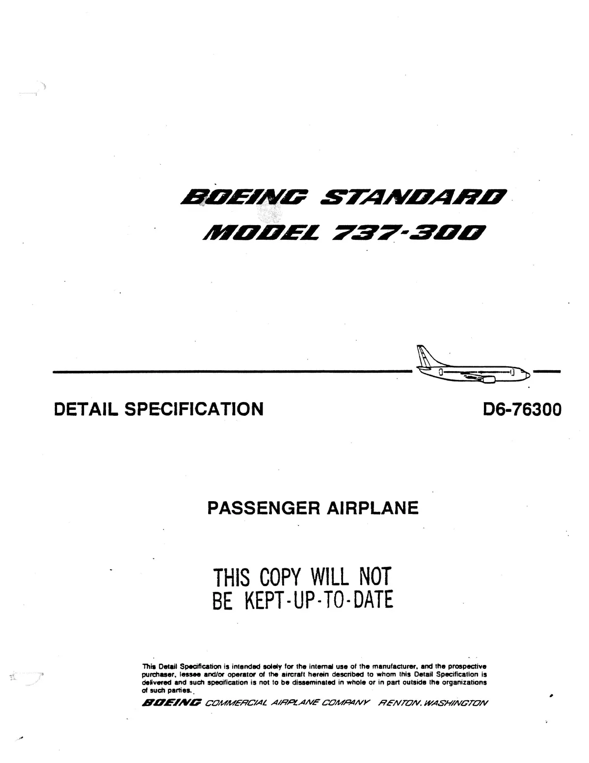 Boeing 737-300 Detail Specification Passenger Airplane D6-76300 1