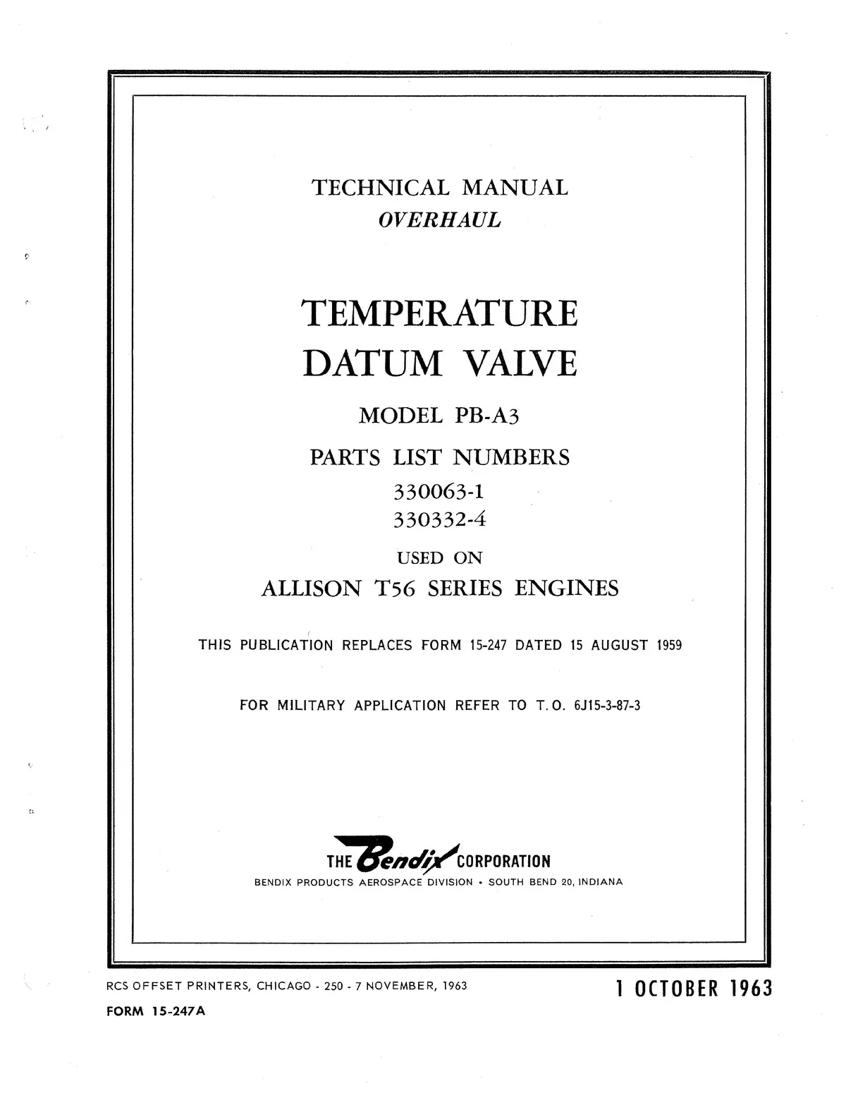 Bendix Temperature Datum Valve Model Pb-A3 Overhaul Manual Form # 15-247A 1