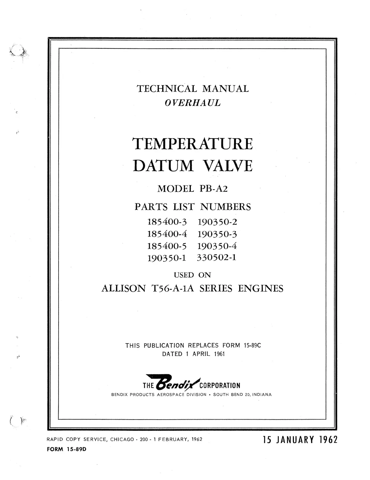 Bendix Temperature Datum Valve Model Pb-A2 Overhaul Manual Form # 15-89D 1