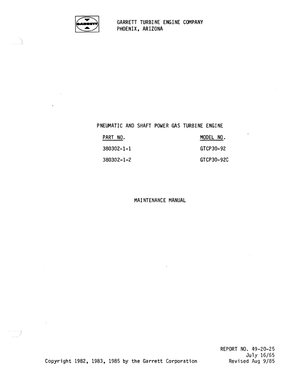 Garrett Gtcp30-90, -92C Maintenance Manual 49-20-25 1