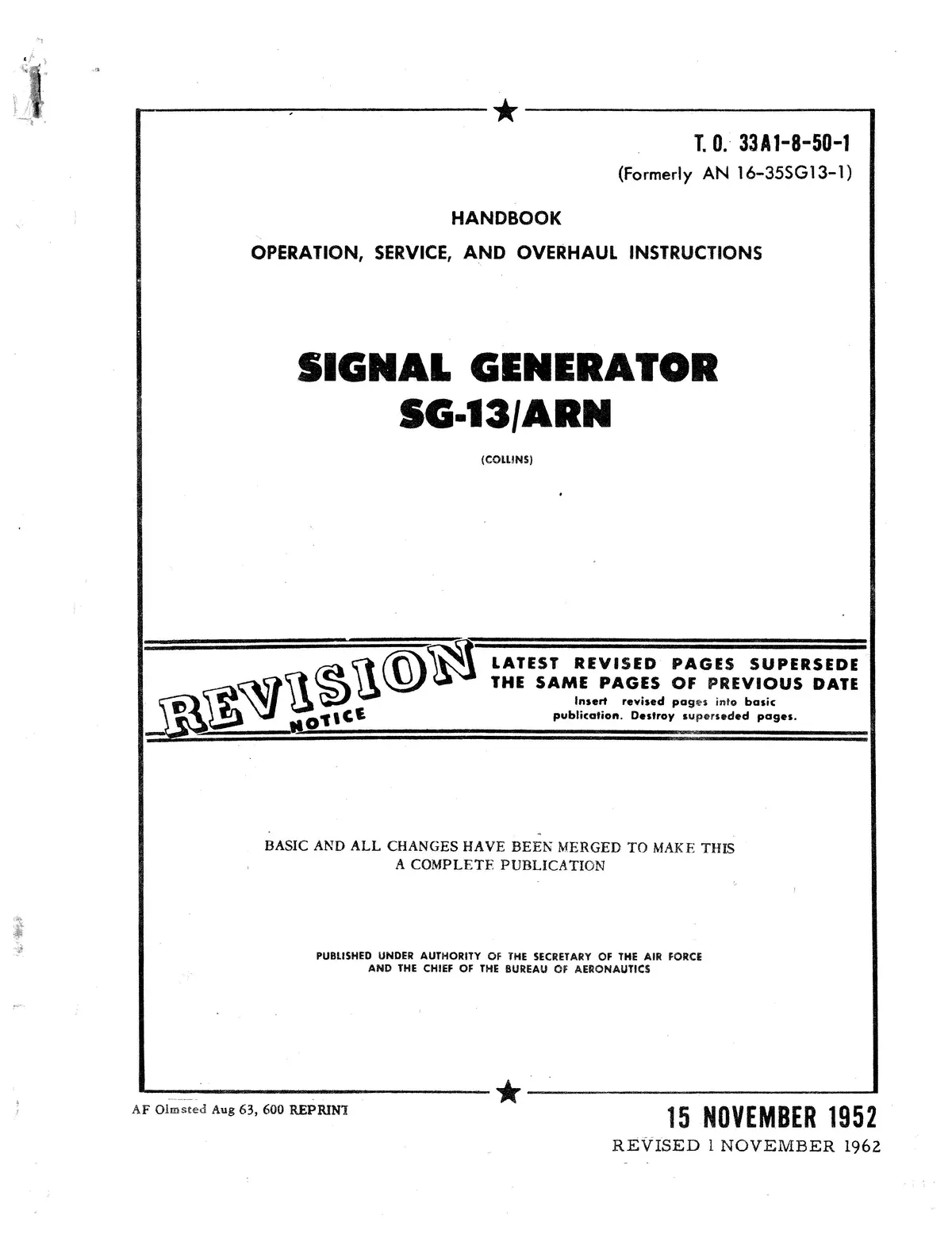 Collins Signal Generator Sg-13/Arn Service & Overhaul To 33A1-8-50-1 1