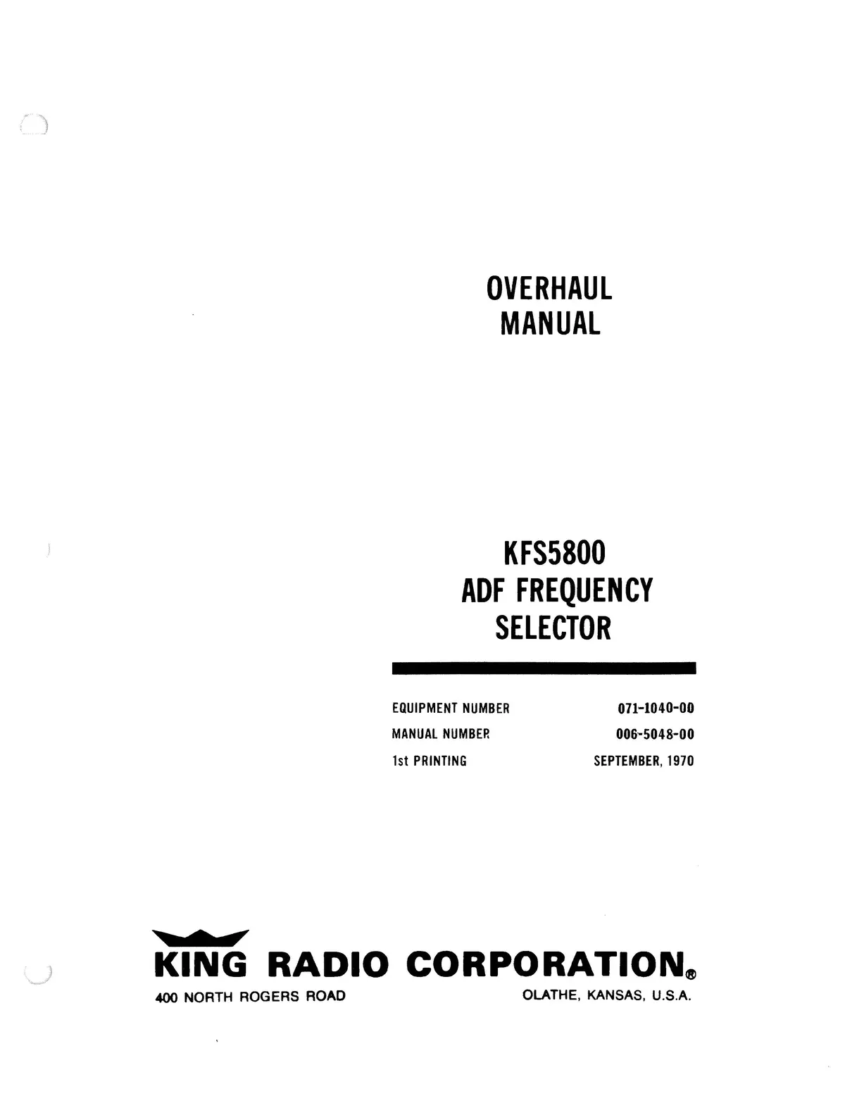 King Kfs5800 Adf Frequency Selector Overhaul Manual 006-5048-00 1