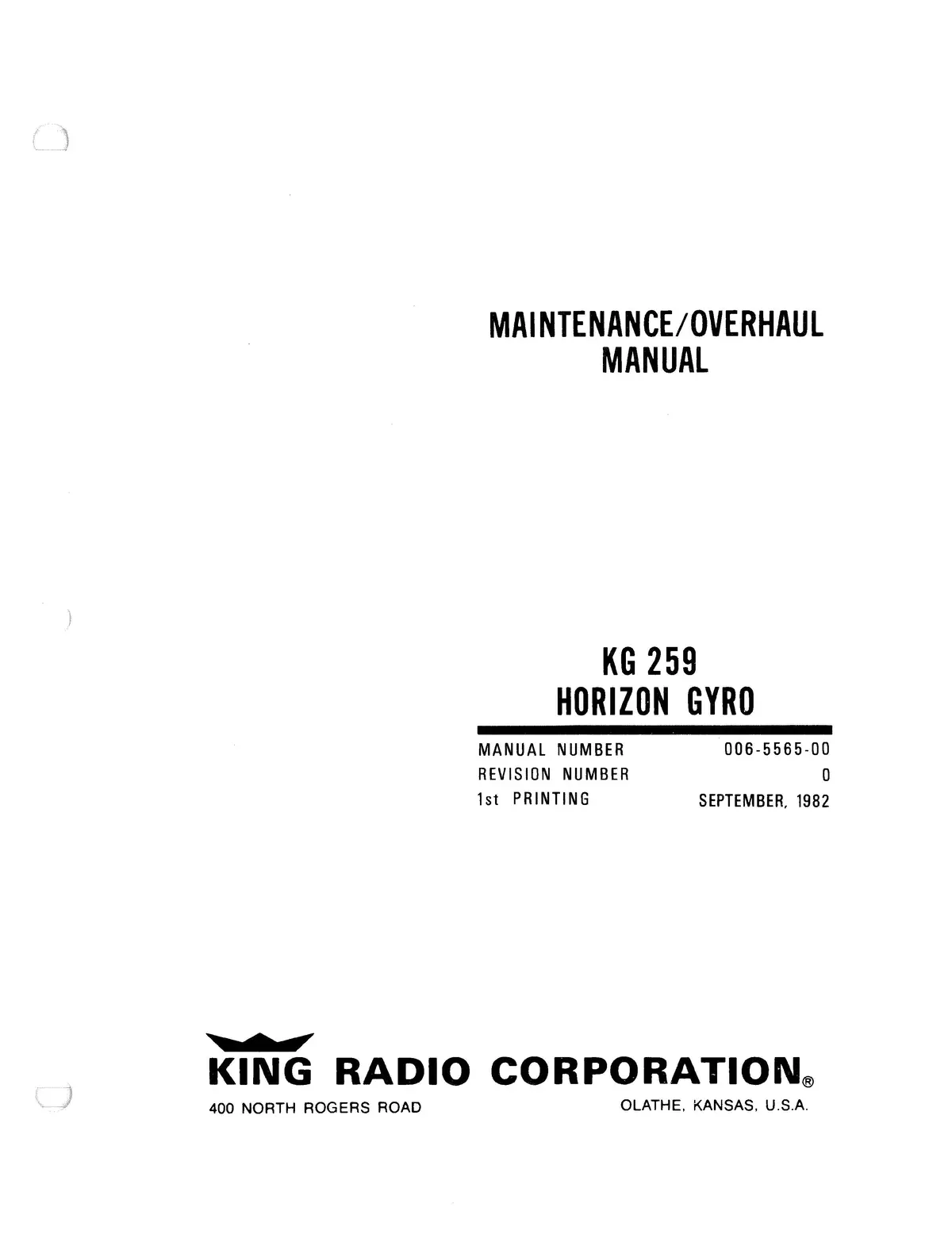 King Kg 259 Horizon Gyro Maintenance, Overhaul, Installation 006-5565-00 1