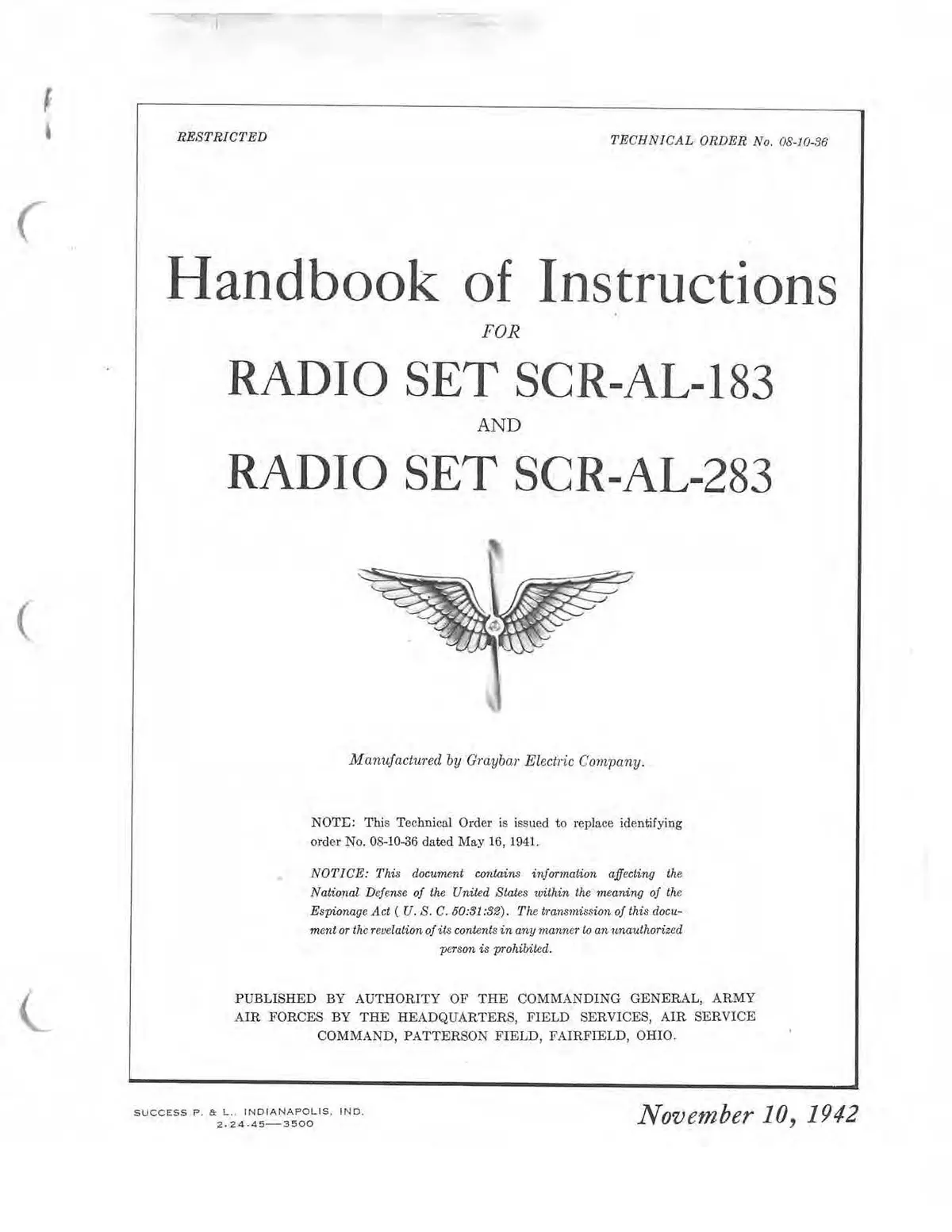 Radio Set Scr-Al-183, -283 Handbook Of Instructions To 08-10-36 1