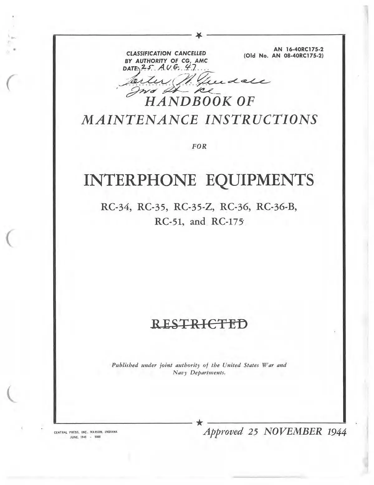 Interphone Equipments Rc-34, -35, -35-Z, -36, -36-B, -51, -175 Maintenance Instructions 16-40Rc175-2 1