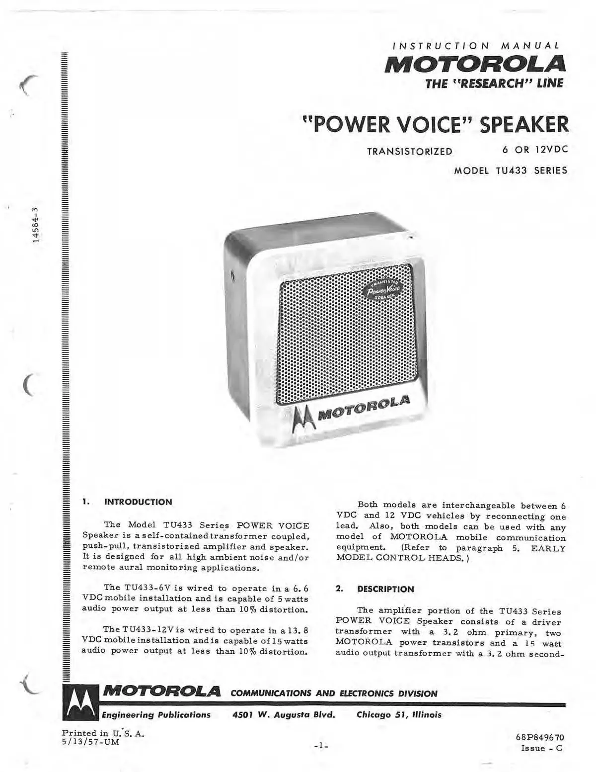 Motorola Tu433 Series 6 Or 12Vdc Power Voice Speaker Instruction Manual 68P849670 1