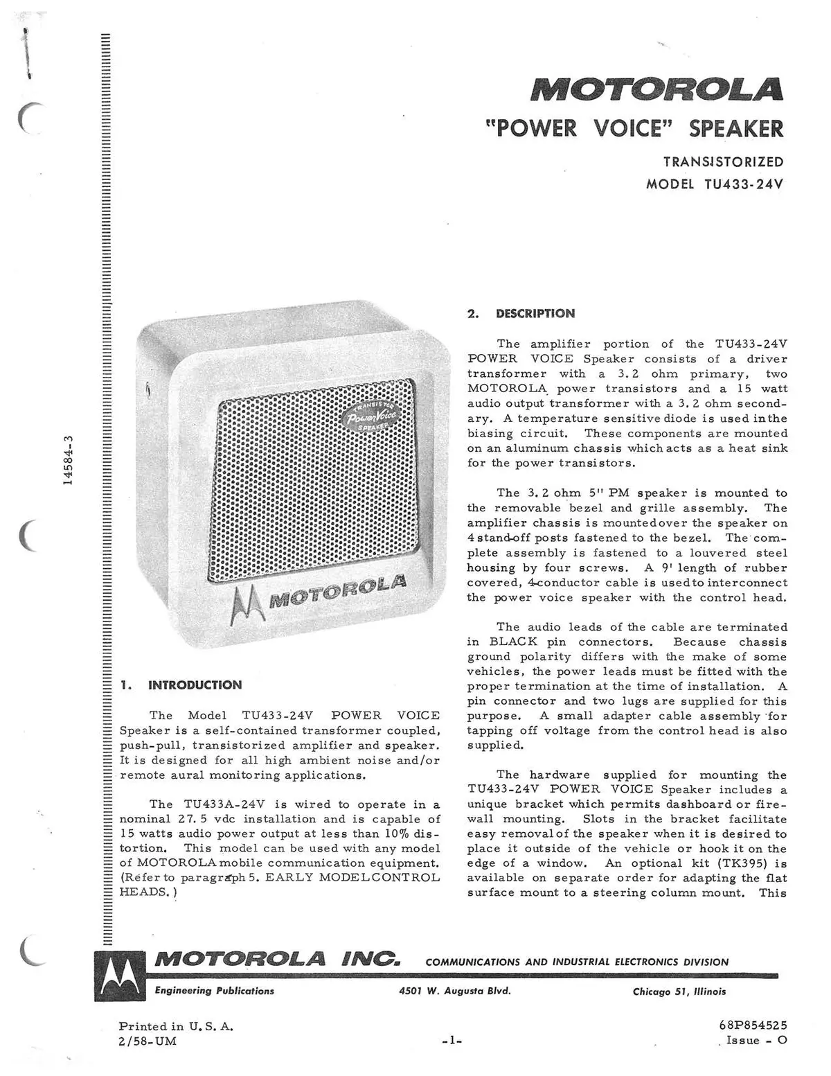 Motorola Tu433 Series 24V Power Voice Speaker Instruction Manual 68P854525 1